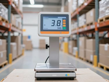 Straight-on shot of a digital parcel scale in a bright logistics warehouse, displaying exact weight in kilograms, safety orange accents, sharp focus.