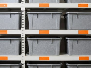 Overhead flat-lay of organized warehouse shelves with bright high-key industrial lighting, technical slate gray bins, and clean safety orange labels, sharp focus, 35mm lens
