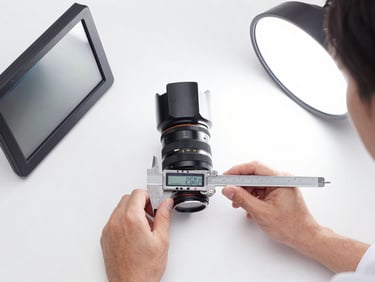 Overhead flat-lay of a technical specialist inspecting an electronic product under bright high-key studio lights, digital calipers and inspection screen visible, 35mm lens