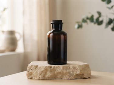 A clean minimalist dark glass bottle on a light sandstone block, soft morning light, shallow depth of field.