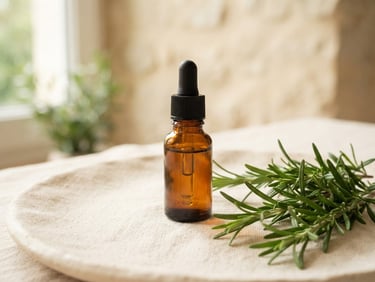 A small amber dropper bottle next to fresh rosemary sprigs on a warm cream surface, soft shadows.