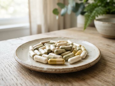 Close-up of clean capsule formulations on a neutral ceramic plate, diffused window light, soft organic tones.