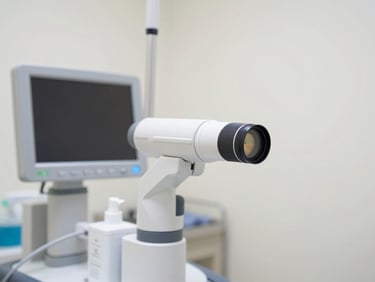 Endoscopy equipment with a clean, sterile environment, focus on the scope and monitor, bright clinical lighting, 35mm lens, soft clinical tones.