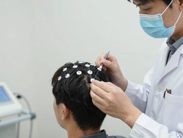 Neurology technician preparing a patient for an EEG, electrodes being placed on the scalp, calm and professional setting, 35mm lens, soft clinical tones.