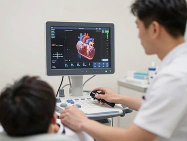 Cardiology technician performing an echocardiogram on a patient, focus on the screen displaying heart images, professional and reassuring, 35mm lens, soft clinical tones.