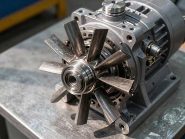 Close-up overhead technical photograph of a centrifugal pump impeller and bearing housing assembly on a steel workshop surface, bright industrial daylight from above, casting sharp shadows that reveal casting texture and machined tolerances on the impeller vanes