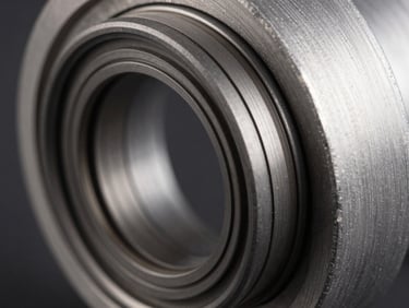 Extreme close-up macro of a mechanical seal face under bright studio lighting, polished carbon and silicon carbide ring surfaces in sharp focus, precise concentric grooves visible, industrial steel housing partially framing the seal face, dark background revealing surface texture