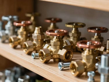 Close-up of physical industrial inventory, brass valves, heavy copper fittings, and steel fasteners organized neatly on wooden shelves in bright natural outdoor light.