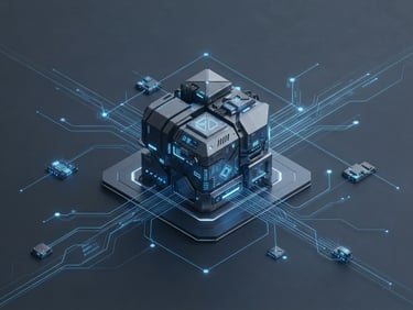 Minimalist 3D render of a secure cloud server node, glowing blue connections, slate background, isometric perspective, octane render