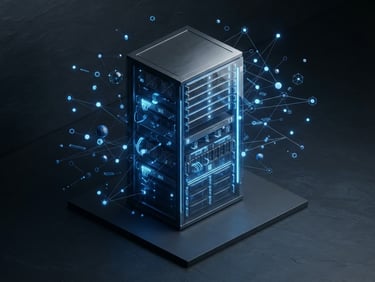 minimalist 3D render, clean tech illustration of a glowing server rack with soft blue light, floating network nodes, isometric perspective, slate background, octane render
