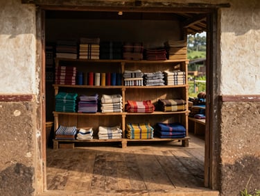 Panoramic close crop of a local cooperative storefront in a highland African town, handwoven goods arranged on wooden shelves visible through an open doorway, warm morning light falling across the threshold and worn wooden floor