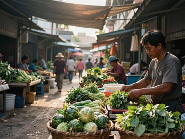 Environmental detail: a narrow market lane in a coastal Southeast Asian town, produce stalls with woven baskets of vegetables, a vendor's hands arranging bundles of herbs, warm golden morning light filtering through canvas awnings overhead. Community activity in background, no leisure travelers visible.