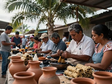 Wide shot of a covered outdoor market in Latin America, a resident artisan demonstrating natural dye technique to a small gathered group, terracotta pots and bundled fiber in the foreground, diffuse afternoon light through a palm-leaf canopy