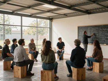 Wide community-space shot: a circle of adults seated on low wooden stools inside a open-walled meeting structure, one person at the front pointing to a handwritten list on a chalkboard, afternoon light filtering through the gaps in the roof, faces in active conversation