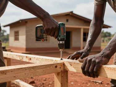 Close detail: two pairs of hands working together over a timber frame being assembled, one set guiding a drill, the other steadying the wood. A rural school building under construction visible behind, bright midday light, red earth underfoot. Sub-Saharan Africa setting, no traveler foregrounded.