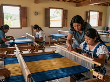 Wide shot inside a weaving cooperative: rows of backstrap looms, hands moving thread through a half-finished textile in deep indigo and amber, a resident instructor leaning over to adjust a learner's tension. Warm interior light from open wooden shutters. Latin America setting, no tourists visible.