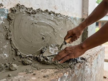 Close environmental frame of a pair of hands smoothing freshly mixed cement onto a low school wall in rural Southeast Asia, natural midday light, trowel gripped with purpose, rough concrete texture in sharp foreground detail