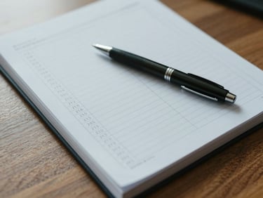 Overhead close-up of an open financial ledger with a pen resting across it on a wooden desk, natural daylight from the left, cool and calm tone