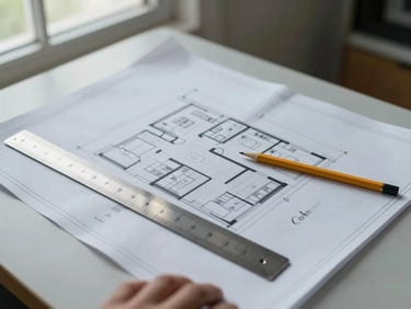 Overhead shot of a property blueprint spread on a table with a ruler and pencil beside it, natural daylight from a nearby window, a hand partially visible in the lower corner, cool and calm tone