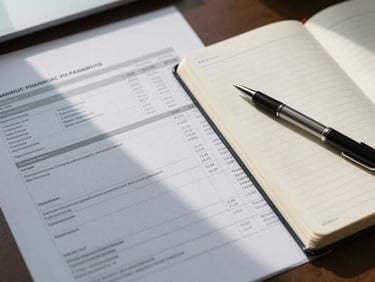 Overhead close-up of a financial planning work surface: a printed account statement beside an open ledger, a pen resting mid-page, natural daylight from a window casting soft shadows across the documents, cool overcast tone