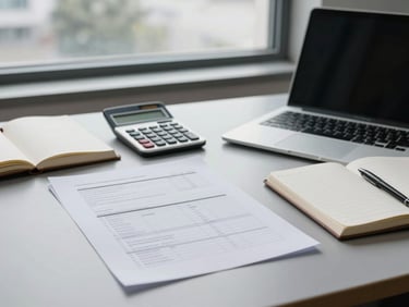 Wide shot of a quiet office desk surface with a printed account statement, a calculator, and an open notebook beside a laptop, overcast daylight through a window, cool neutral tones, no people