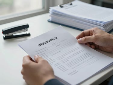 Close-up of hands sorting through insurance documents on a desk, a stapler and organised files visible in the background, overcast window light, cool neutral tone