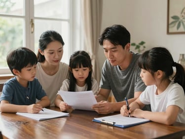 Environmental photograph of a family of four seated at a dining table reviewing documents together, home interior with natural window light, papers and a folder visible on the table, calm and unposed