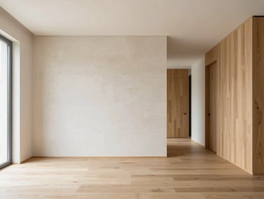 Bright airy interior of a minimalist residential living space, soft natural daylight, high-quality oak finishes, neutral stone walls, eye-level perspective