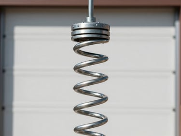 Close-up of a heavy-duty steel garage door torsion spring, bright natural daylight, clean industrial tones, sharp focus.