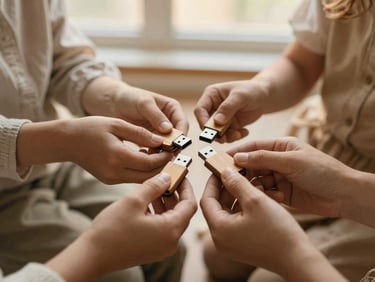 Hands of different generations holding a small custom wooden USB drive, warm golden hour light, soft focus.