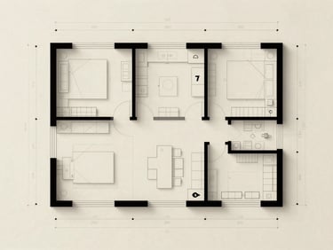 Architectural floor plan drawing of a 3 BHK residence on cream drafting paper, clean ink lines, no labels or text, orthographic top-down view, the geometry of rooms and sight lines visible as an abstract composition, diffused even light, no shadows