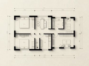 Architectural floor plan drawing of a 3.5 BHK residence on cream drafting paper, clean ink lines, no labels or text, orthographic top-down view, a slightly larger footprint than the adjacent plan, the geometry of an additional study alcove visible, diffused even light, no shadows