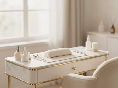 A serene, sunlit private nail studio workstation with minimalist cream and gold accents, a single comfortable chair, and clean tools arranged on a marble tray