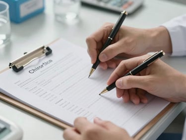 Close-up of hands explaining clinical charts on a sterile desk, soft natural daylight, clean and authoritative framing.