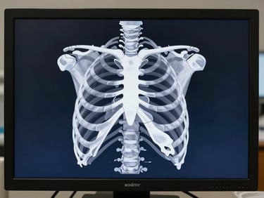 A simplified, high-contrast anatomical diagram of the thoracic cavity on a clinical screen, clean white lines on a deep slate background.