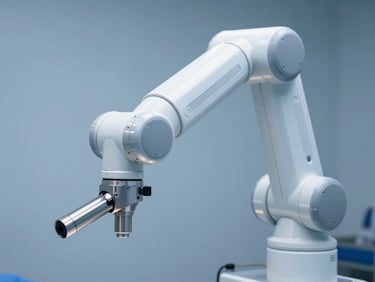 Close-up of a state-of-the-art surgical robotic arm with clean, metallic joints, set against a soft sterile blue background, cool daylight.