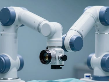 High-resolution abstract close-up of state-of-the-art robotic surgical equipment, sterile white and deep slate blue tones, crisp daylight.
