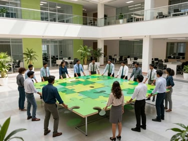 A high-energy corporate team in India collaborating to assemble a giant physical puzzle in a bright, modern office courtyard, vibrant emerald accents, crisp corporate photography.