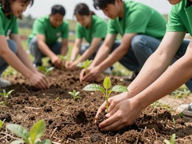 Corporate volunteers planting young saplings in rich soil under bright daylight, hands holding a green shoot, environmental CSR initiative, vibrant natural tones.