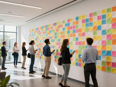 A massive, colorful corporate gratitude wall filled with handwritten notes, employees smiling and interacting in a sunlit modern office lobby, professional editorial finish.