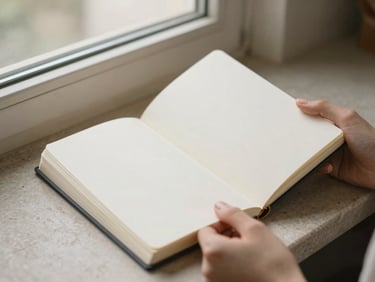 Minimalist close-up of hands holding an elegant open notebook on a stone surface, soft natural window light, warm neutral tones, 35mm photography