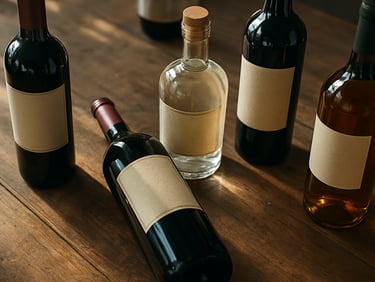 Close-up of wine and spirits bottles on a wooden production surface, labels visible, overhead natural daylight, no people, operational editorial framing