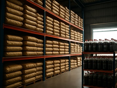 Rows of coffee bags and soft drink bottles on warehouse shelving, wide shot, natural side-lighting through loading bay doors, no people, logistical precision