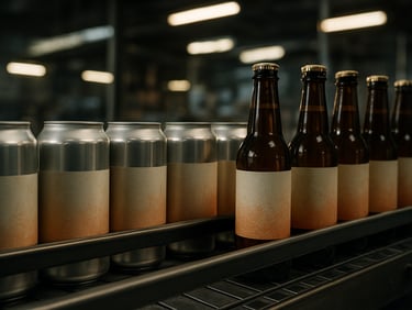RTD cans and non-alcoholic bottles lined up on a production conveyor belt, industrial overhead lighting, close-up of label details, no people
