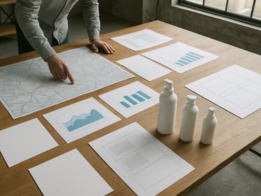 Wide panoramic overhead shot of a brand strategy session in progress — printed route maps, distribution charts, and bottle mock-ups spread across a large table in a light-filled industrial workspace, no faces visible, precise and operational