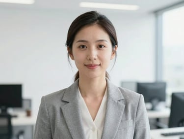 Professional corporate headshot of a female financial writer, clean office background, high-key lighting