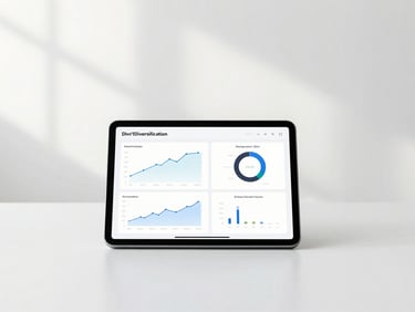 Minimalist clean workspace, digital tablet showing financial diversification charts, soft natural light