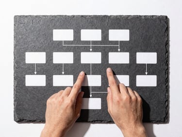 Hands pointing to a detailed workflow diagram on a screen, high-contrast, sharp focus, natural daylight, minimalist.