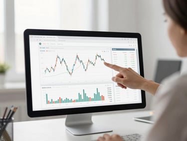 Modern digital interface displaying financial charts and data, with a hand pointing to a key metric, clean architectural shot of a workspace, bright natural light.