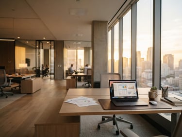 Wide panoramic professional office environment at golden hour, a modern desk with a laptop and documents on the right third, expansive clean space, low horizon, bright natural office light, clean neutral tones, shallow depth of field, 35mm